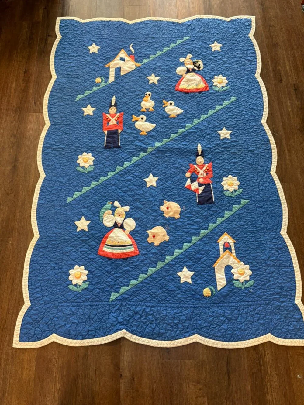 Antique 1930s Applique Quilt Dutch Folk Art Child Nursery Handmade 44x67 Gift